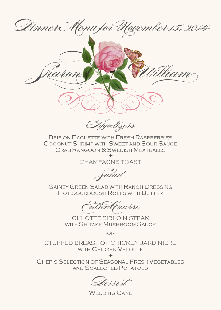 Pink Tea Rose Wedding Menu Cards, Custom Wedding Reception Menus